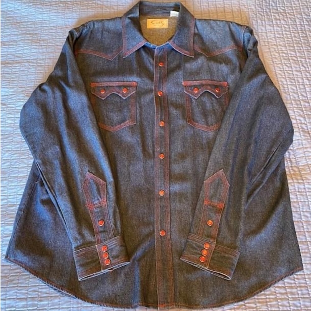 Scully 100% Cotton Denim Western Shirt w/red stitching and pearl snap buttons